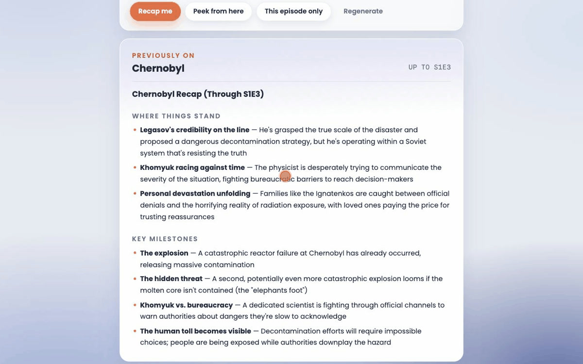 Recap Engine showing a spoiler-bounded Chernobyl recap up to episode S1E3